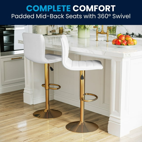 Flash Furniture Modern White Vinyl Adjustable Bar Stool with Back, Counter Height Swivel Stool with Gold Pedestal Base, Set of 2