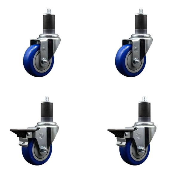 3.5 Inch Blue Poly Wheel Swivel 1-5/8 Inch Expanding Stem Caster Set 2 Brakes