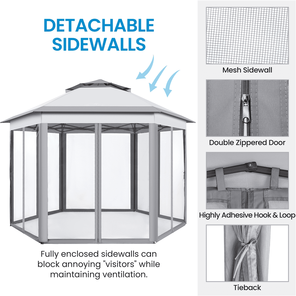 Renwick 13×13 Ft Hexagonal Outdoor Gazebo with Side Walls, Light Gray/Dark Gray