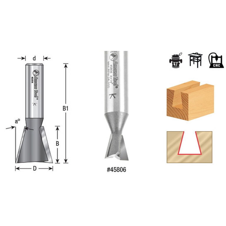 Amana Tool 45815 Carbide Tipped Dovetail Bit – 14 Degree, 1/2" Diameter, 1/2" Cutting Height, 1/4" Shank