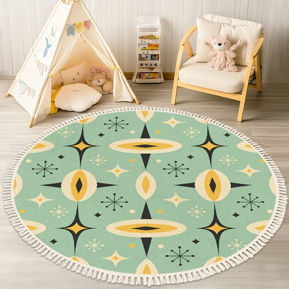 Washable Non Slip 4ft Round Rug, Mid Century Vintage 1950s Modern Retro Geometric Circle Area Rugs with Tassels Carpet for Nursery Bedroom Living Room Playroom Tent Rug