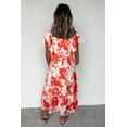 thumbnail image 2 of Elegant Red Floral Print Trimmed V Neck Ruffle Sleeve Long Dress for Women | [ZhiHiMeRi] | (US 12-14)L, 2 of 12
