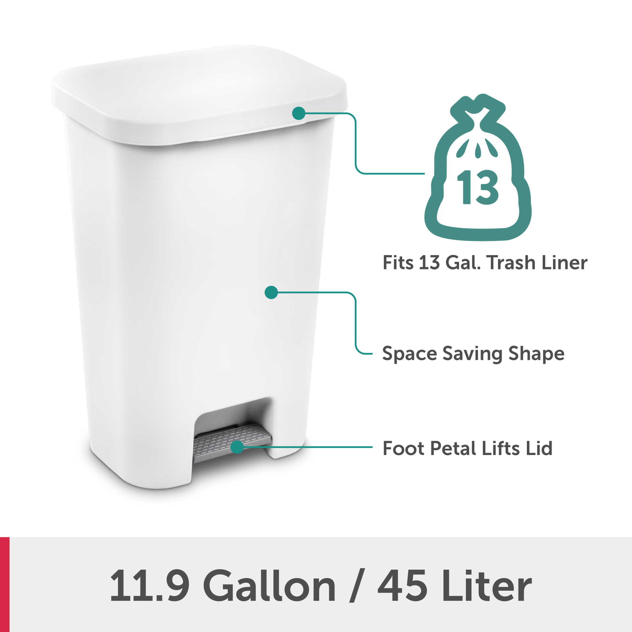 Sterilite Large Kitchen Trash Can, 11.9 Gallon, Step Lid, White photo 8
