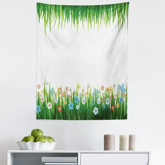 Green Flower Tapestry, Nature Illustration with Grass and Flowers Countryside Meadow Abstract Foliage, Fabric Wall Hanging Decor for Bedroom Living Room Dorm, 5 Sizes, Multicolor, by Ambesonne