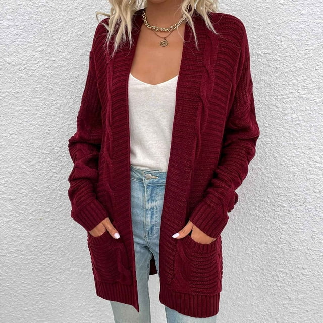 Puntoco Moda Mujer Otoño Invierno Color Sólido Bolsillo Manga Larga Rebeca Suéter Chaqueta Tops Rollbacks Puntoco Puntoco-3727