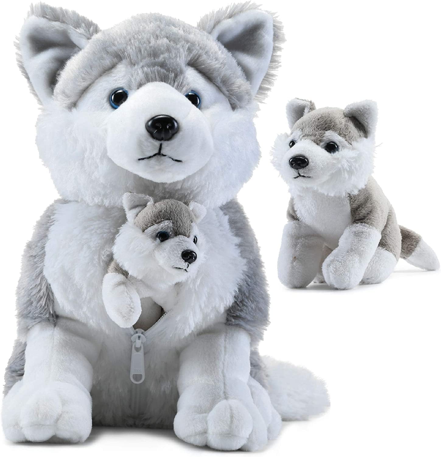 Plush Grey Husky Dog with Zippered Pouch for Its 2 Little Plush Baby Dogs  Puppies - Plushlings Collection Soft Stuffed Animal Playset 