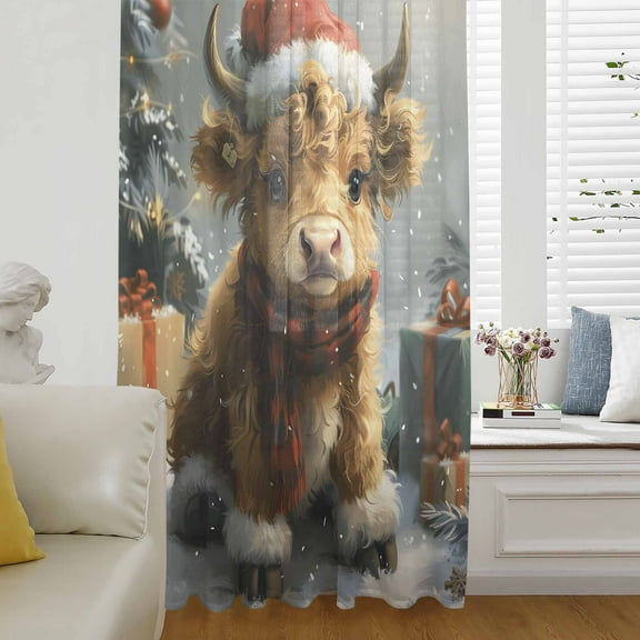 Christmas Cow Semi Sheer Curtains Drapes for Living Room, Bedroom, French Doors Window 84 Inches Long, Vintage Painting Winter Snowy Xmas Tree Rod Pocket Chiffon Curtain Drapery Voile Drape Panel