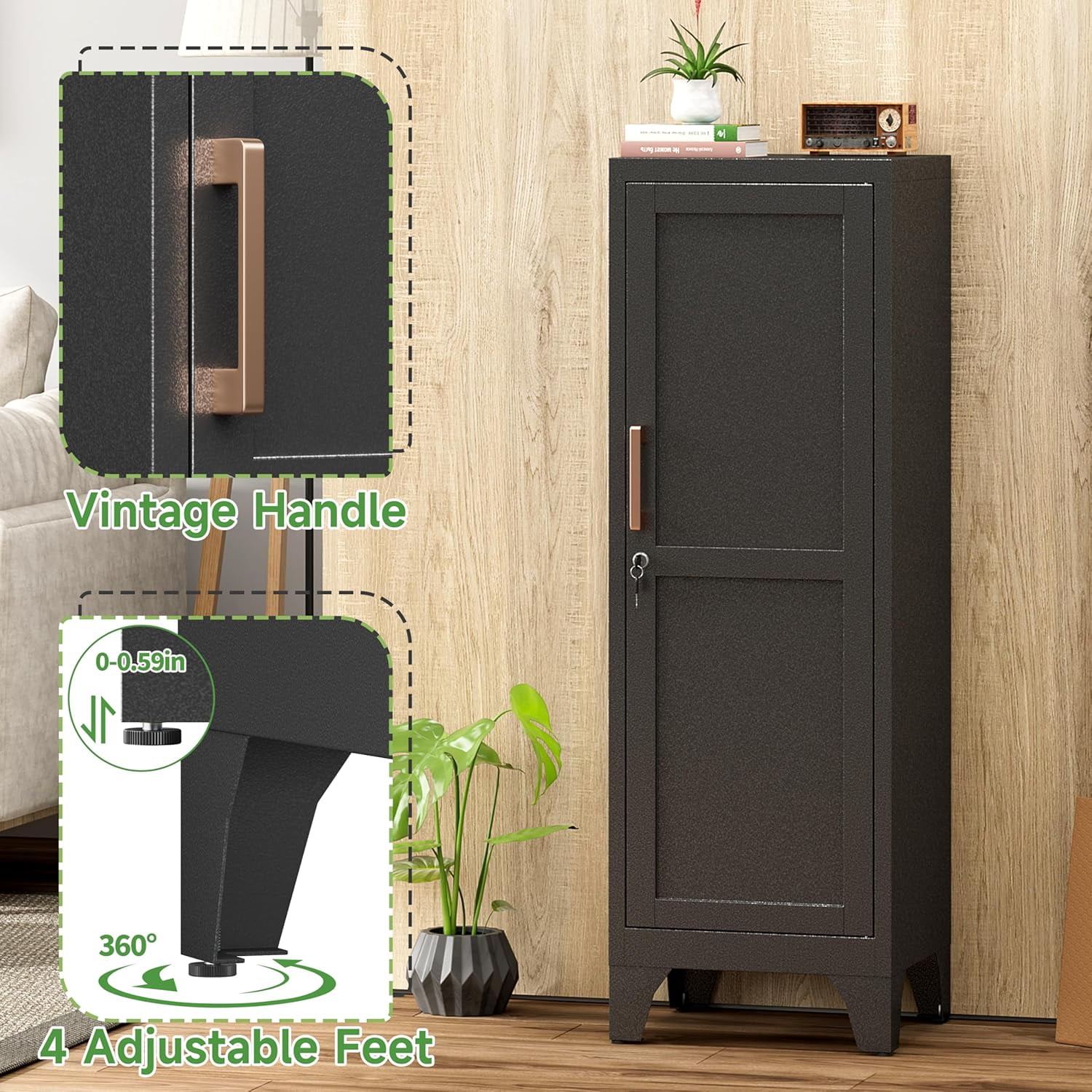 Kitchen Pantry Cabinet,Pantry Storage Cabinet with Lock and Adjustable Shelves, Metal Food Pantry Cabinets with Handle,3 Tier Metal Storage Cabinets for Home/Kitchen/Laundry-Assembly Required(Black)
