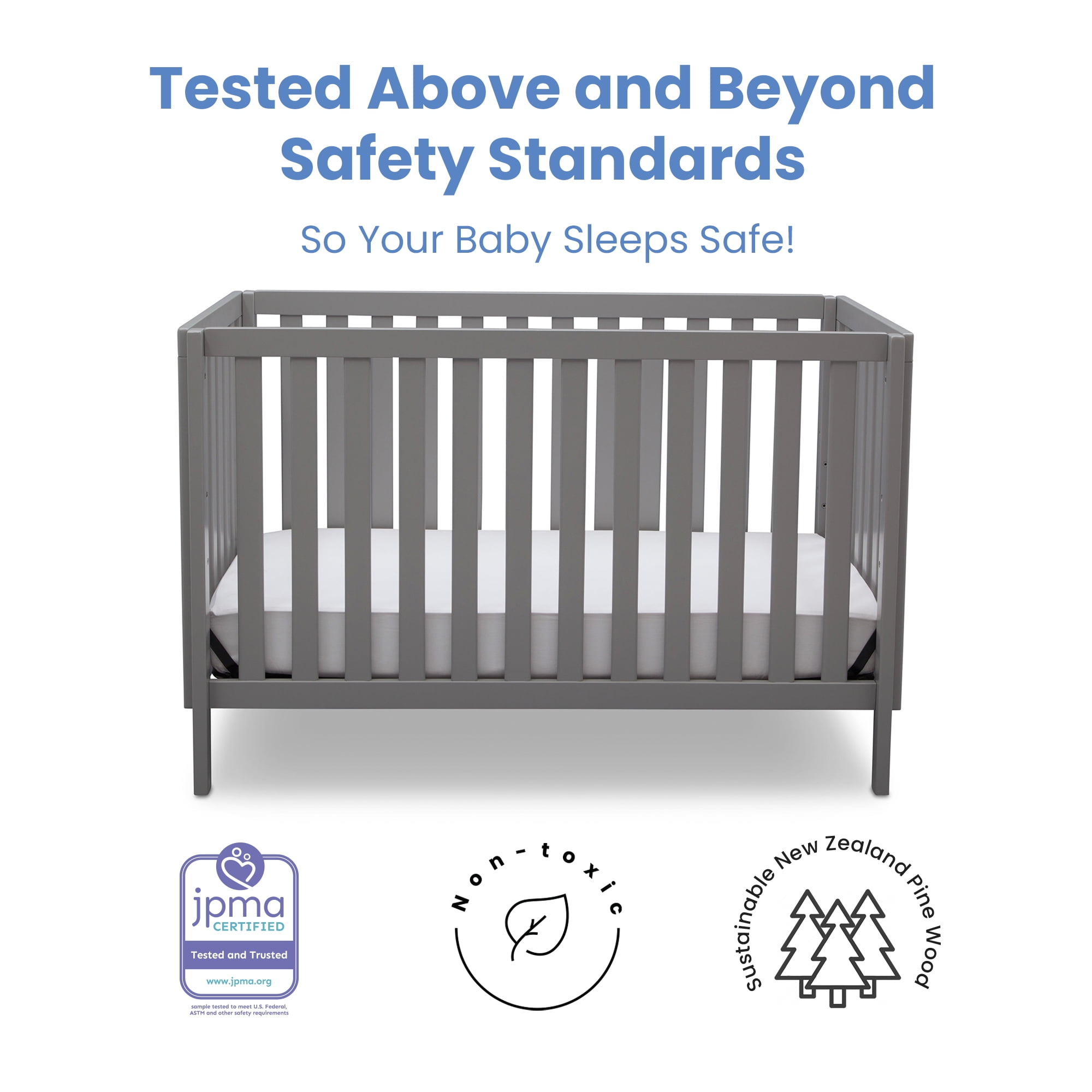 Grey JPMA Certified for Baby’s Safety Delta Children Milo 3-in-1 Convertible Crib Easy to Assemble Made of Sustainable New Zealand Wood 
