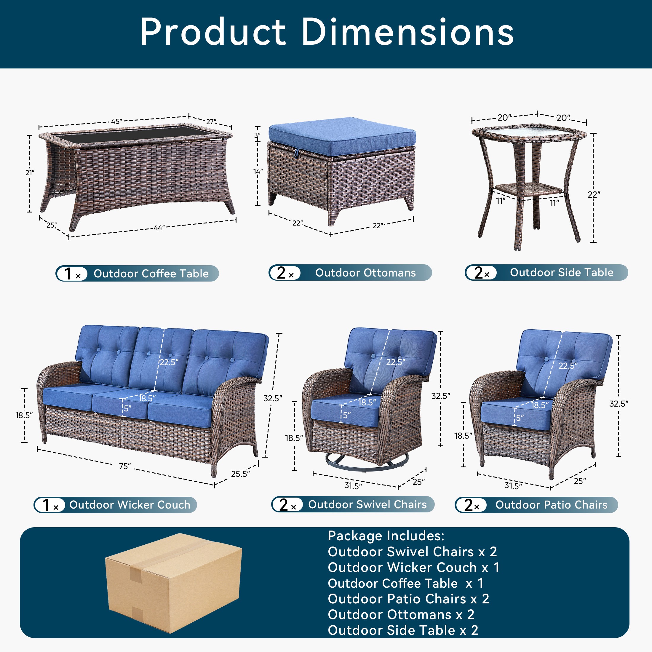 Unnifurnzi 10 Pieces Patio Furniture-Outdoor Patio Couch with Outdoor Swivel Rocking Chair Deep Seat Rattan Conversation Set for Deck Porch Garden Balcony Poolside-Brown/Blue