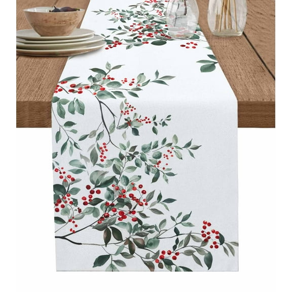 Table Runners 48 Inches Long Dress Scarves, Christmas Botanical Farmhouse Kitchen/Dining Table Runner, Short Coffee Tablerunners, Xmas Berry Watercolor Green Botanical 13x48 Inch