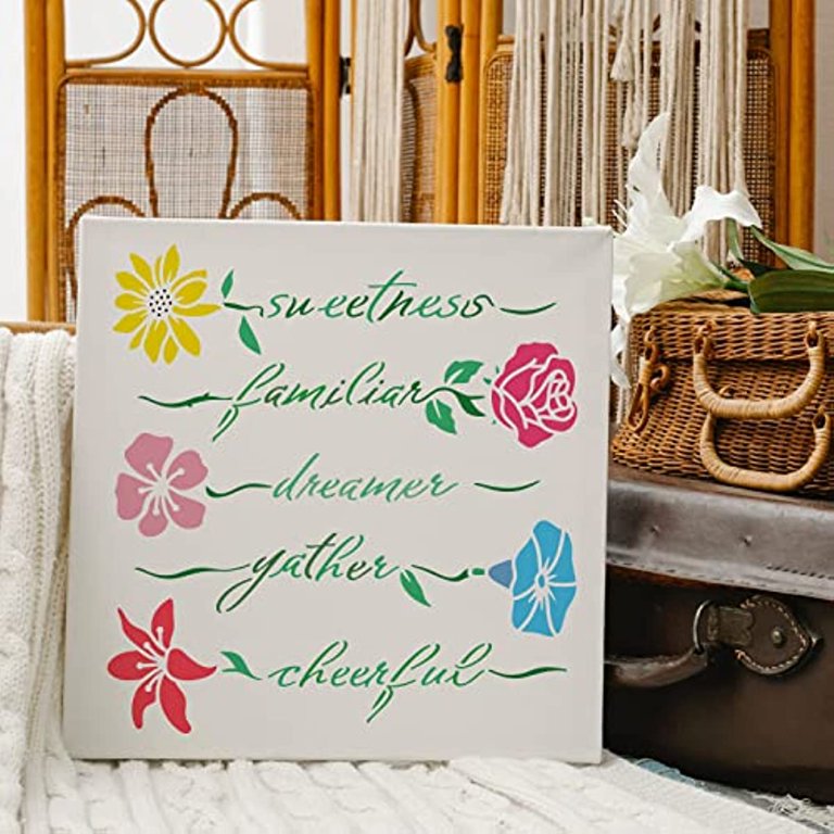 Spring Flower and Word Art Stencil Template 11.8x11.8 Inch Reusable  Sweetness Familiar Dreamer Gather Cheerful Plant Decoration Painting  Stencils for Wood Floor Wall Fabric 