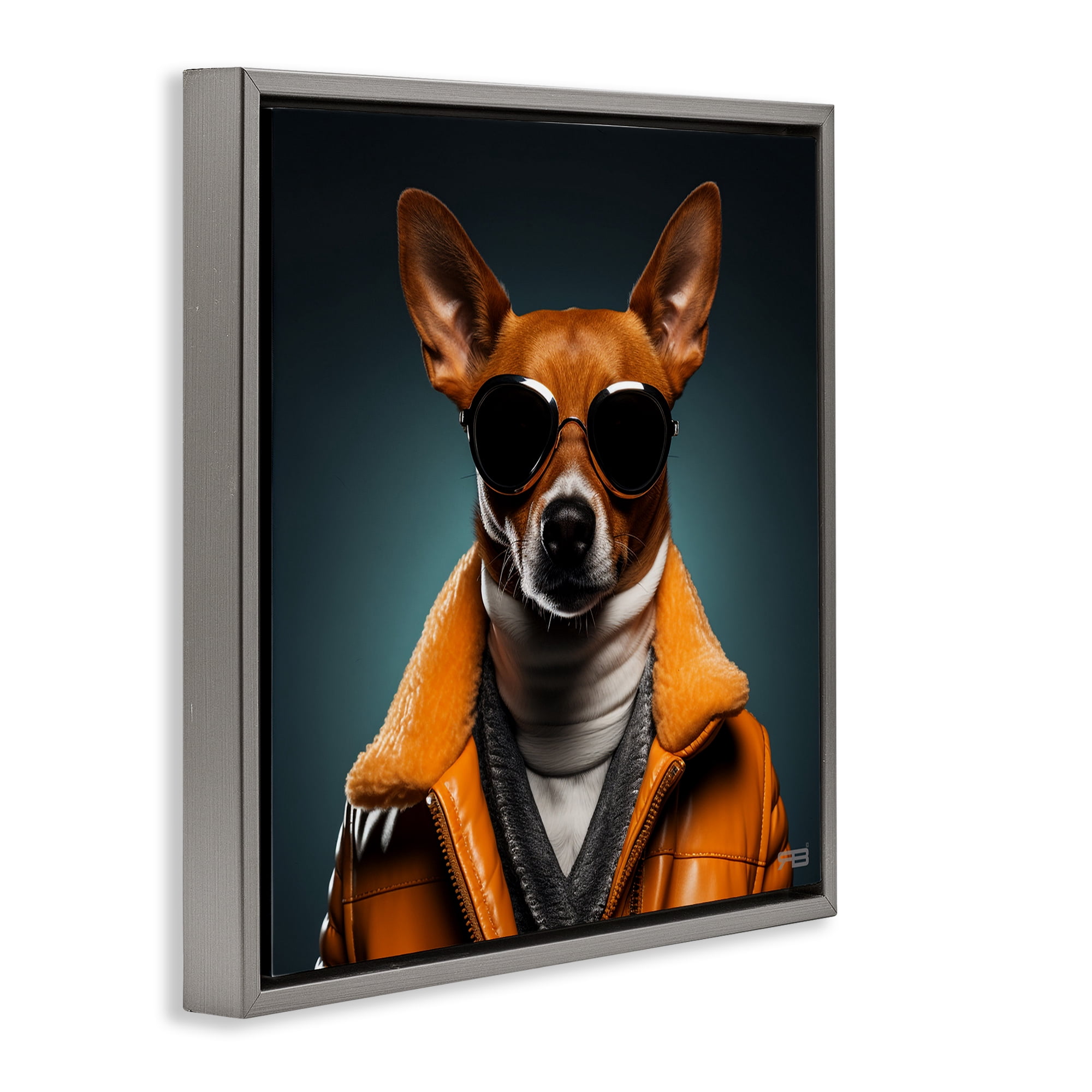 Stupell Industries Stylish Dog with Sunglasses Animals & Insects Painting Gray Floater Framed Canvas Art Print Wall Art, 18 x 18