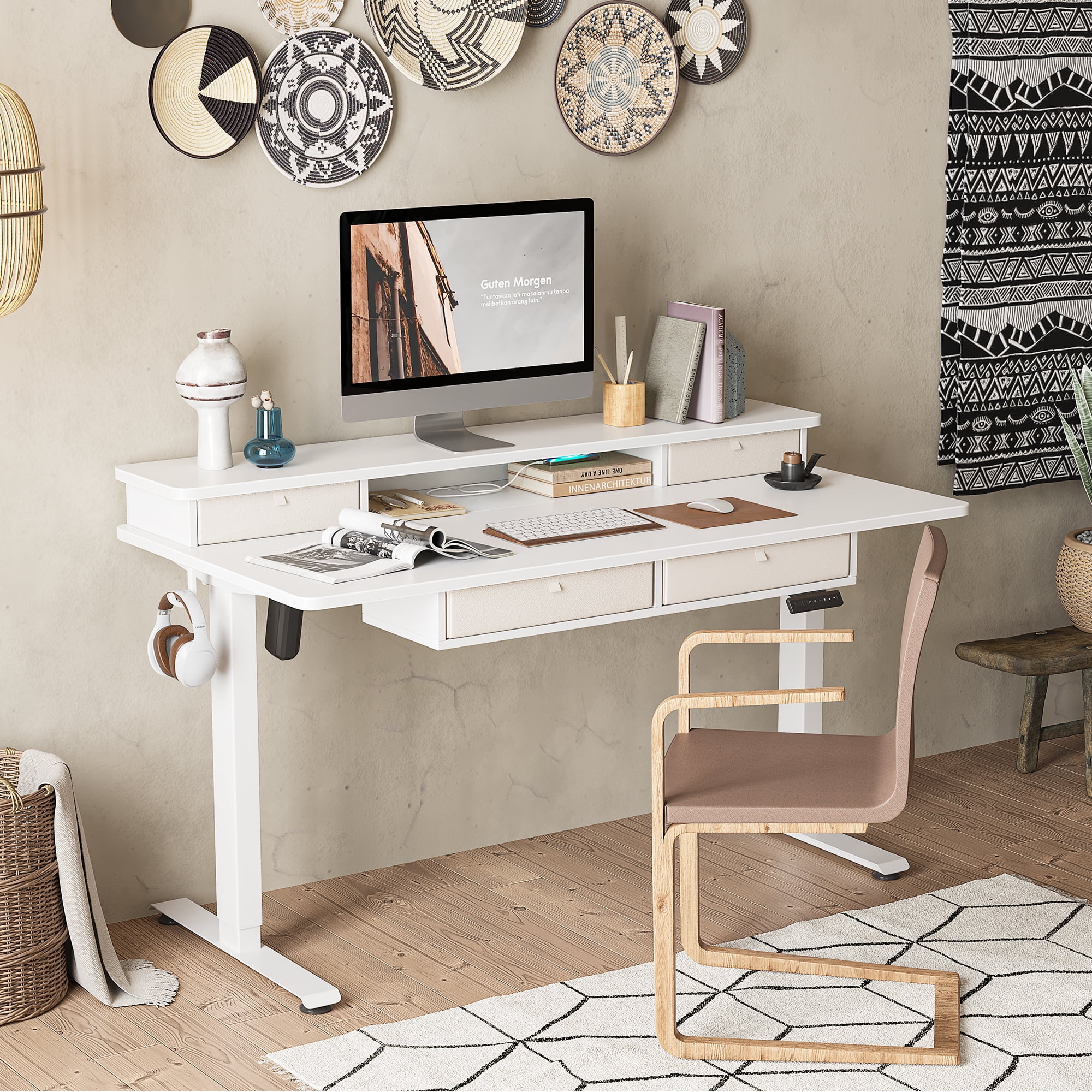 DESINO 48 x 24 Inch Height Adjustable Electric Standing Desk with Drawers, Stand Up Table with Large Storage Shelf, Sit Stand Desk for Home Office, White