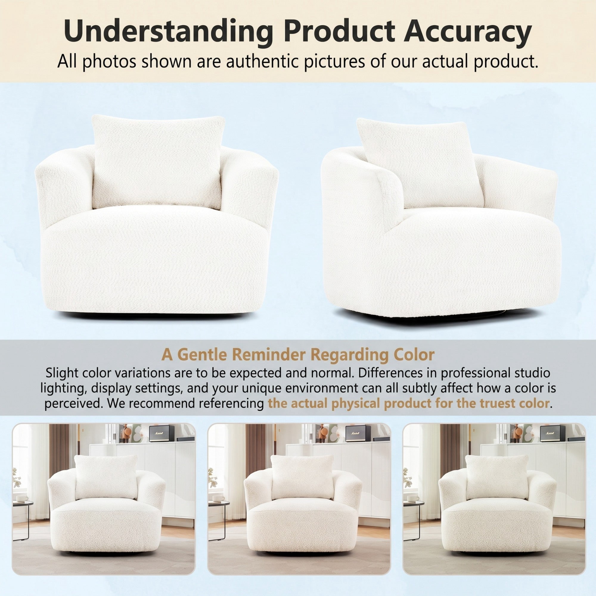 Sailvan 38.2" Swivel Accent Chair, Boucle Upholstered 360 Degree Barrel Sofa with Pillow for Living Room Beige