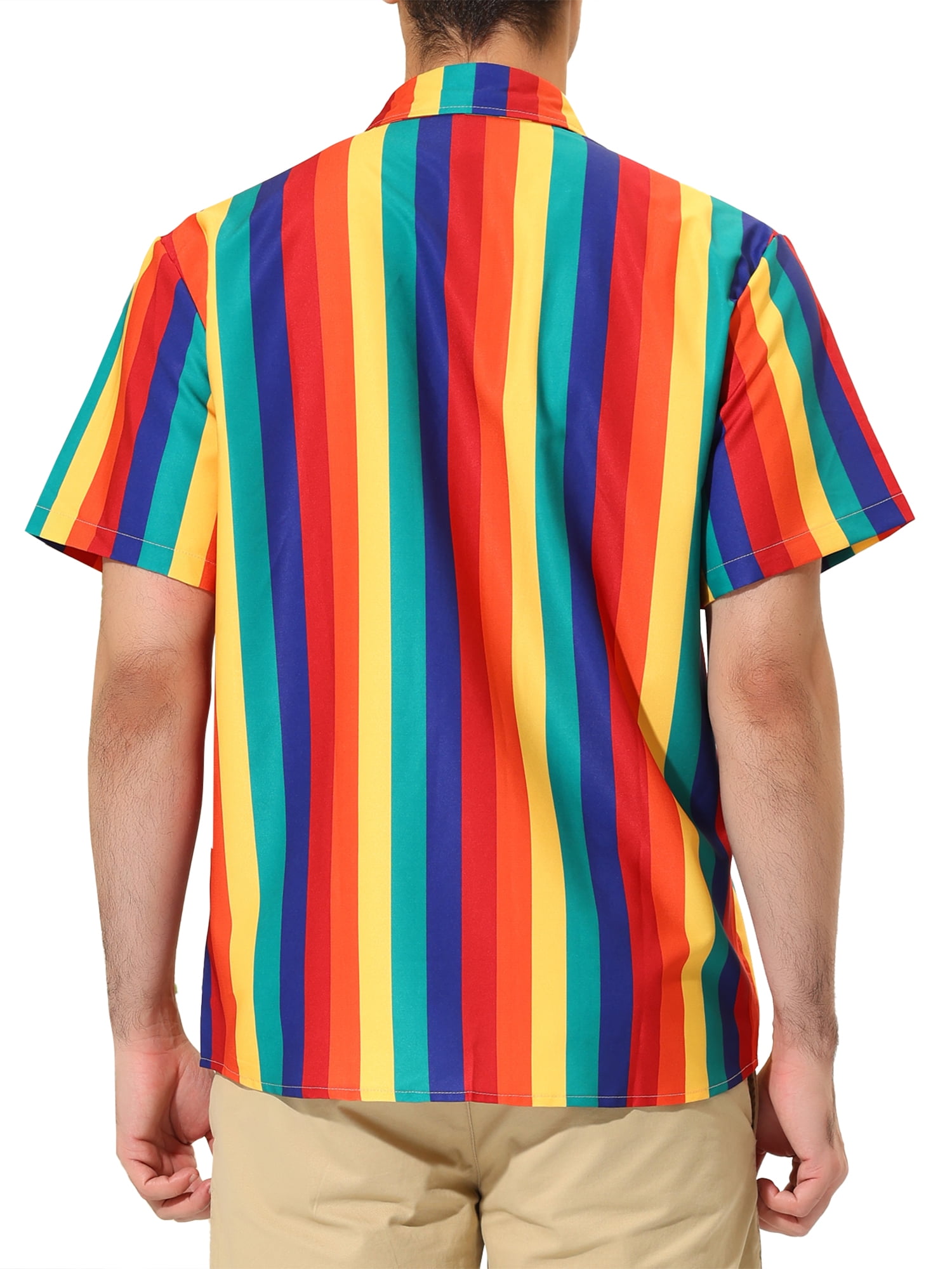 Unique Bargains Men's Summer Striped Shirt Short Sleeve Button Down Beach Shirts S Rainbow Yellow