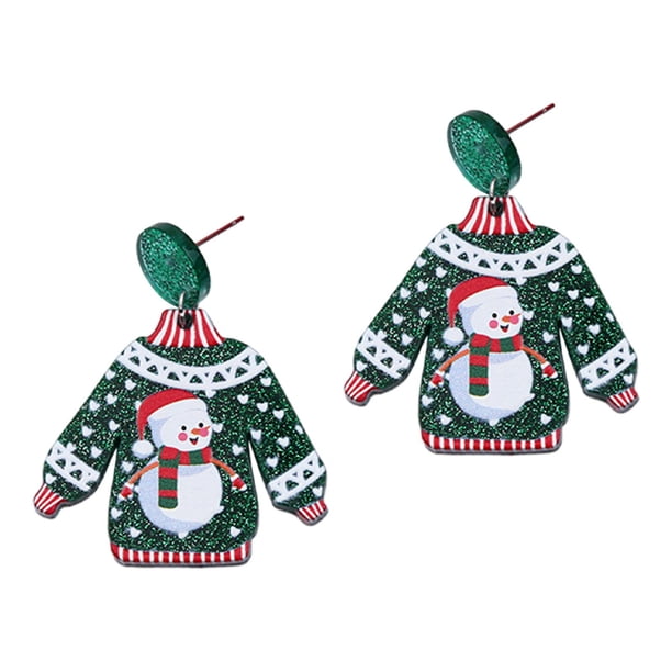Pendientes de suéter navideño, pendientes de botón para mujer, regalo de Navidad, estéticos y lindos. muñeco de nieve verde