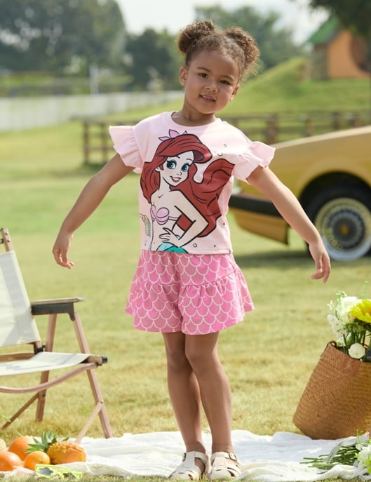 Disney Princess Girls Ariel Graphic Crop Tee and Mermaid Dress-Style Shorts Summer Pink Outfit Set Toddlers Kids 3-4T