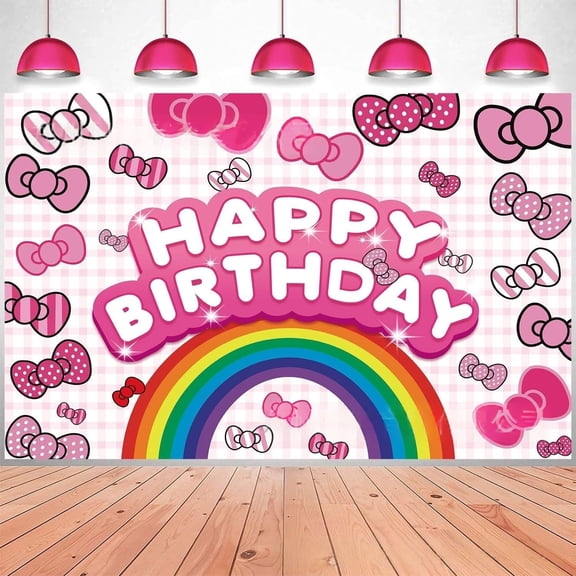 Pink Bow & Rainbow Wall Decor Backdrop for Kids Birthday Theme Decorations, Banner for Birthday Party Supplies (5x3ft)