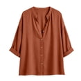 thumbnail image 7 of Duoif Women's V Neck Button 3/4 Sleeve Linen Blouse Loose Fit Solid Color Summer Top 2026, Burgundy, L, 7 of 7