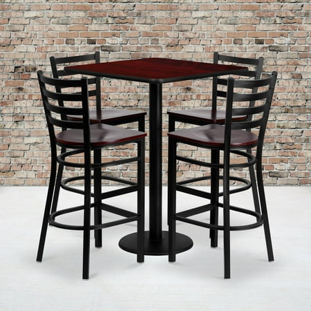 Metal And Wood Garden Furniture Flash Furniture 30'' Square Mahogany Laminate Table Set with 4 Ladder Back Metal Barstools, Mahogany Wood Seat ()