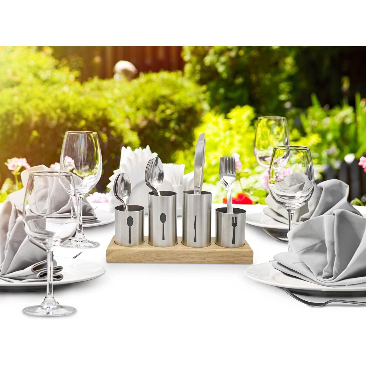 Sorbus Stainless Steel Utensil Holder with Bamboo Base, Silverware Organizer Caddy