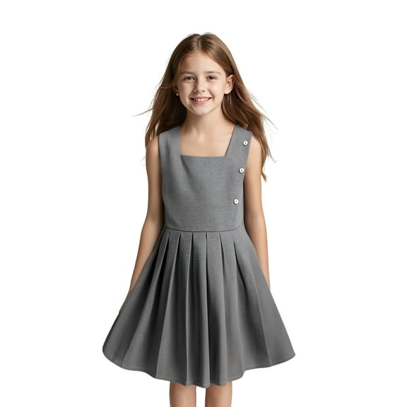 Girl Uniform Dress Cute Pleated Knee Length Sleeveless Grey Girls Uniform Jumper Dresses for Kids 8-9 Years