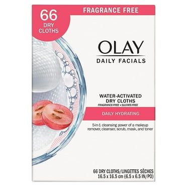 Olay Daily Facials, Daily Clean Makeup Removing Facial Cleansing Wipes, 5-In-1 Water Activated Cloths, Exfoliates, Tones And Hydrates Skin, 66 Count