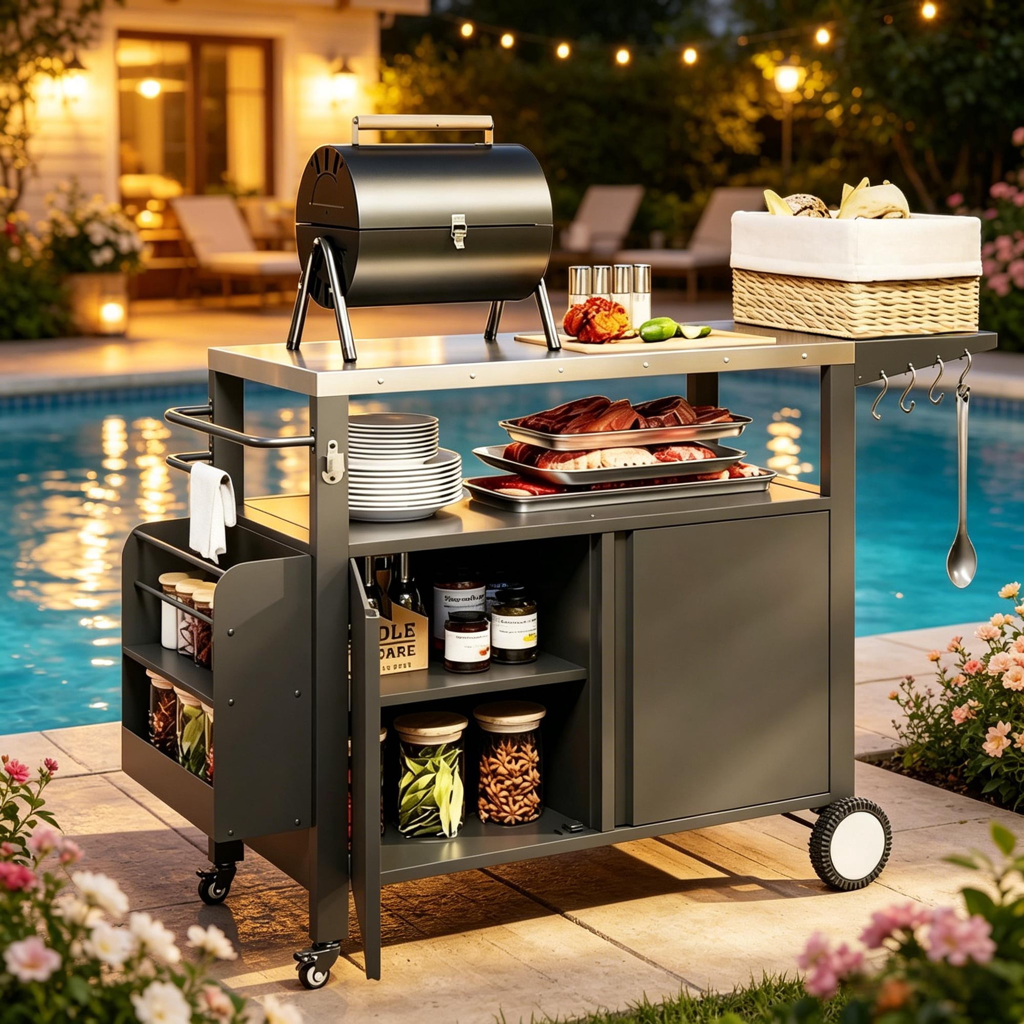Stainless Steel Grill Cart with Foldable Table & Storage - Outdoor Kitchen Island, Pizza Oven Stand - Black+Silver - 56.3"W x 18.1"D