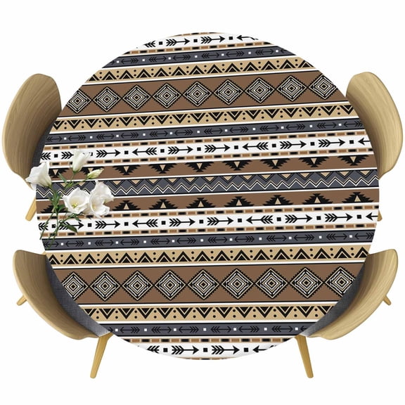 Brown Black Boho Round Tablecloth 55-60 Inch Round Fitted Table Cloth with Elastic Edge, Vintage Tribal Striped Southwestern Waterproof Table Cover Protector for Outdoor Picnic Party Dining