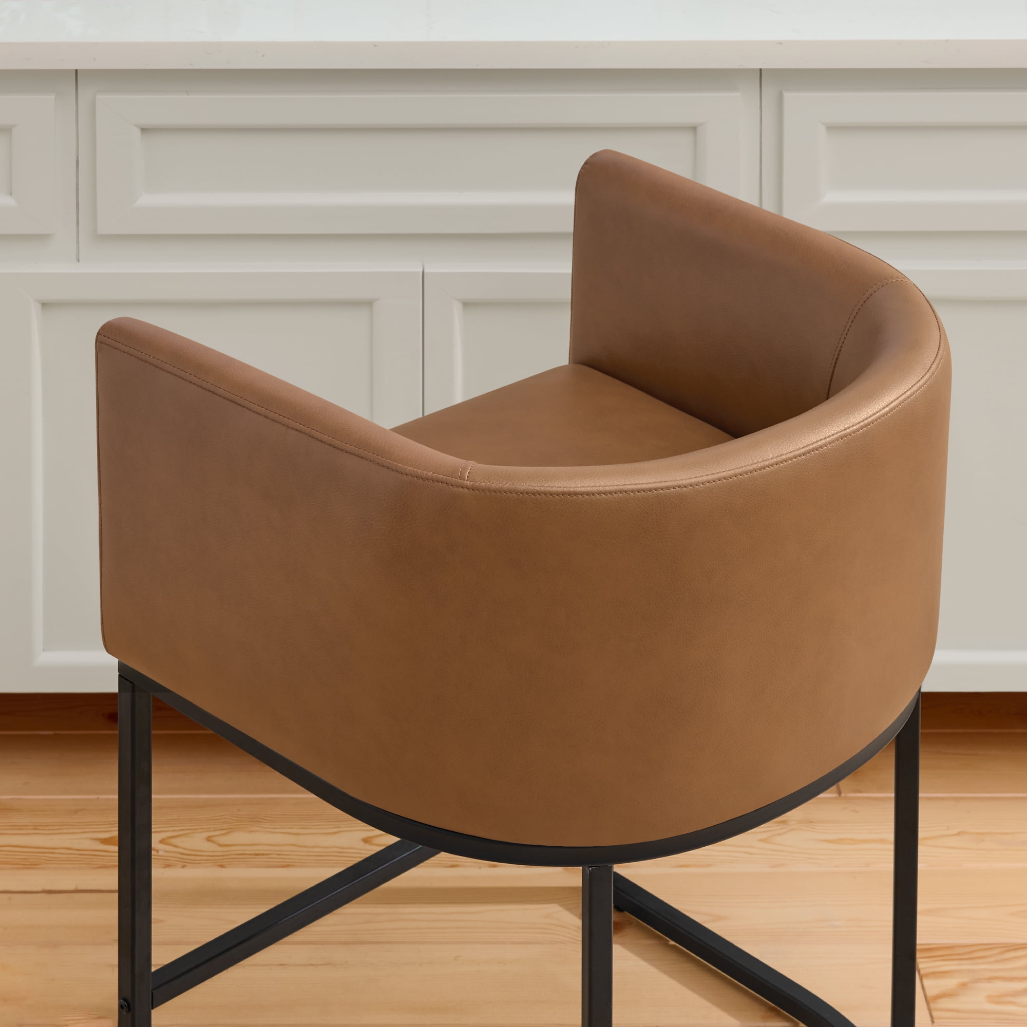 Spruce & Spring Modern Barrel-Back Upholstered Counter Stool with Wide Seat for Kitchen Island or Home Bar Set of 2, Brown