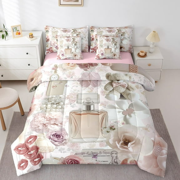 Erosebridal Fashion Perfume Bedding Sets Twin Size, Vintage Flower Comforter Sets with Sheets, Red Lip Reversible Bedding Twin Size, Microfiber Bedroom Decor, 7 Pieces
