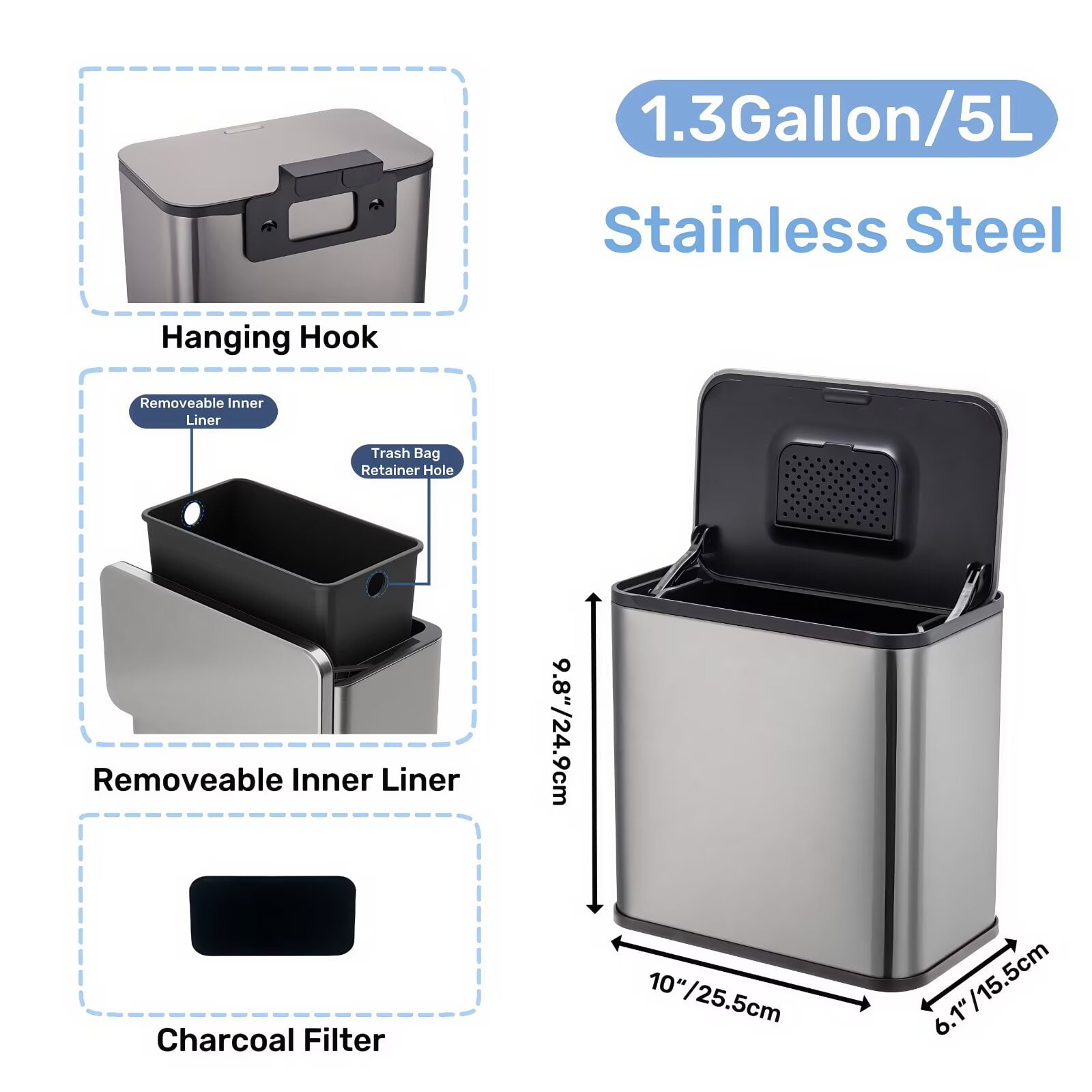 BENESKY 2 Pack 1.3Gallon Stainless Steel Hanging Trash Can with Lid, Kitchen Compost Bin with Inner Bucket And Charcoal Filter for for Bathroom Bedroom