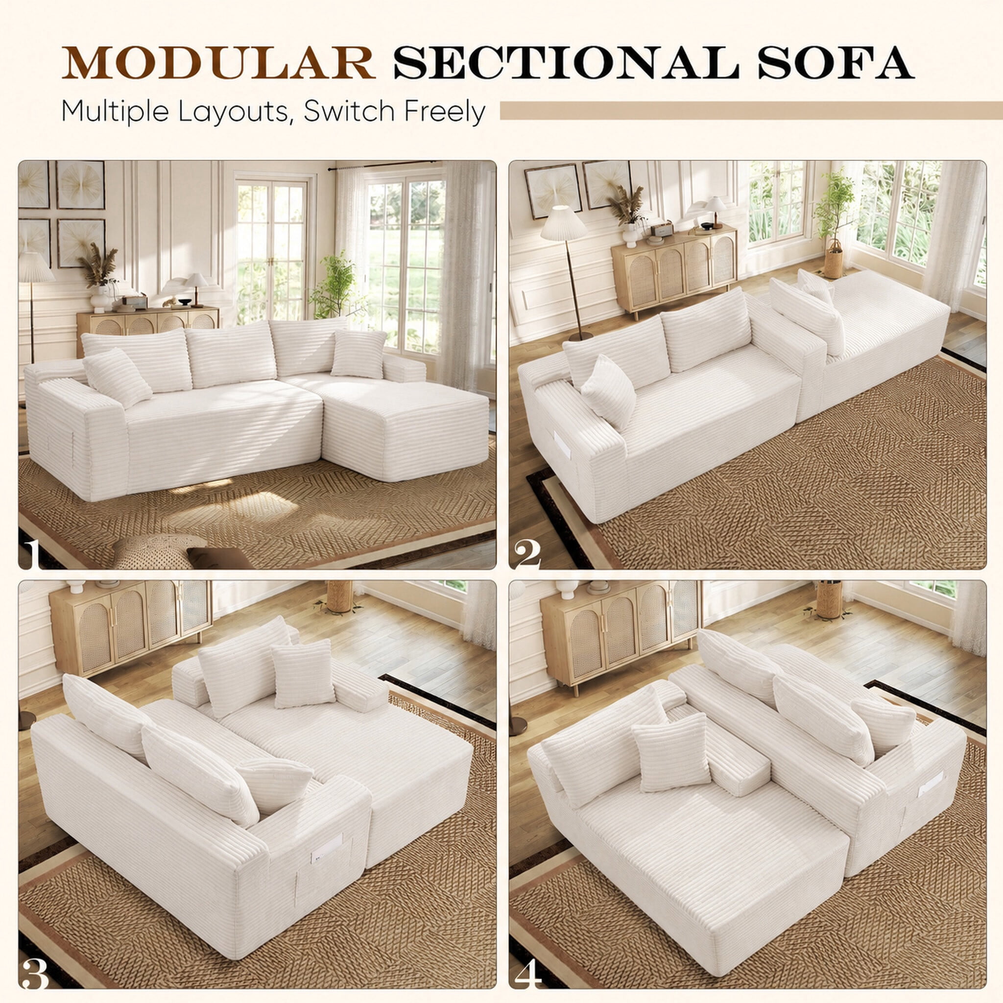 Lunale Small Modular Sectional Sofa with Movable Chaise, L-Shaped Boneless Cloud Couch for Living Room, Beige (Right Facing Chaise)