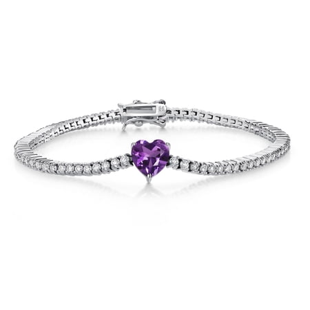 Gem Stone King 925 Sterling Silver Purple Amethyst and White Moissanite Tennis Bracelet for Women (4.53 Cttw, Gemstone Birthstone, Heart Shape 8MM, 7.25 inch)