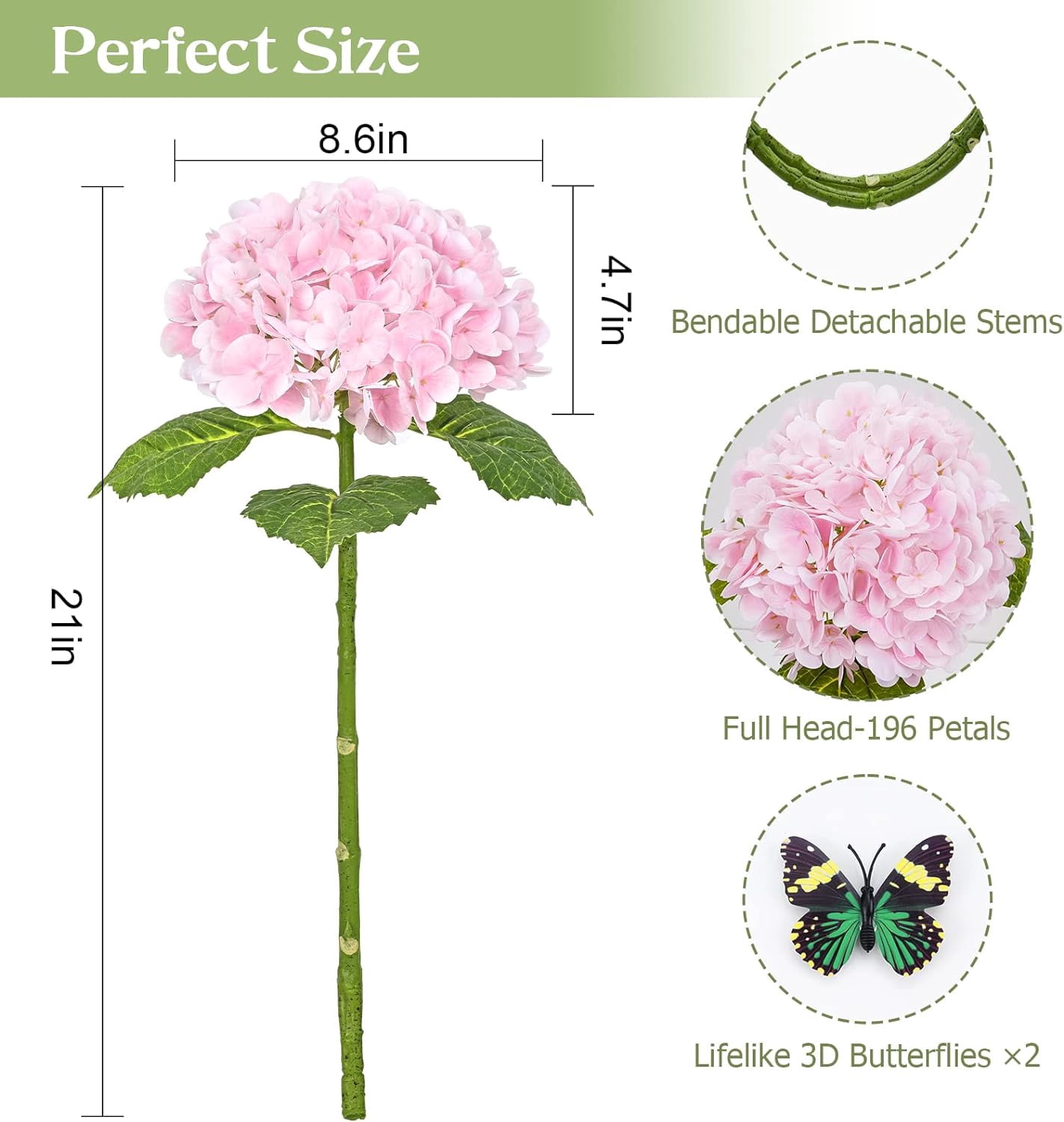 Real Touch Hydrangea Artificial Flowers with Long Stem & Leaves, Full Latex Faux Hydrangea Flowers for Home Decor Party Floral Arrangements Wedding Bouquets Centerpieces(Pink, 3Pcs)