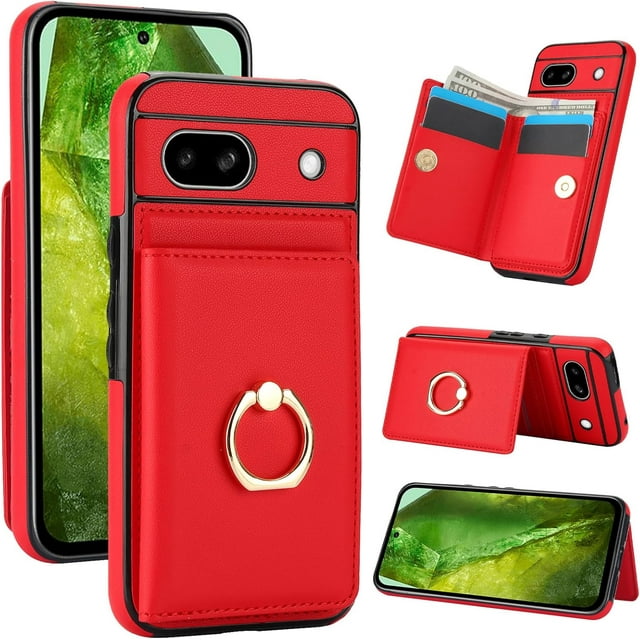 for Google Pixel 8A Wallet Case, Leather Case with Credit Card Holder and 360° Rotation Ring Stand, RFID Block Flip Leather Shockproof Cover