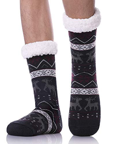 LANLEO Men's Fuzzy Ripple Slipper Socks Super Soft Warm Fleece Lining Knit Non Slip Winter Socks 