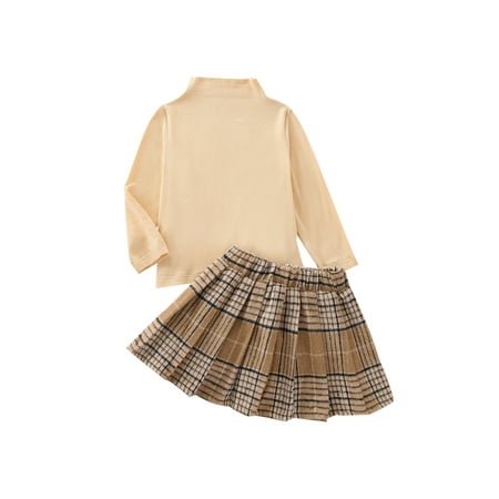

Gwiyeopda Toddler Girls Outfits Turtleneck Long Sleeve Knitted Tops + Preppy Style Plaid Mini Pleated Skirt Cute Set