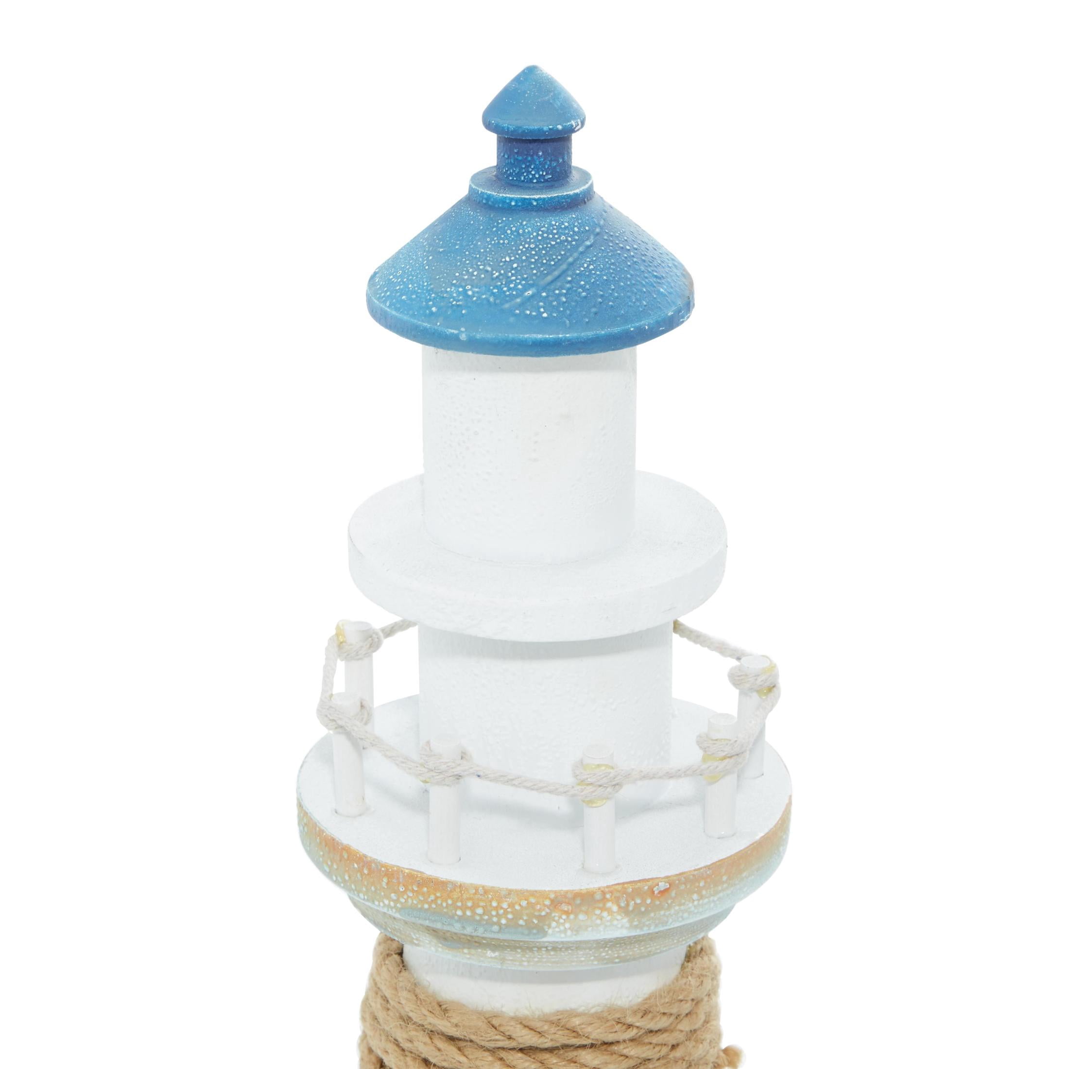 6" x 16" Blue Wood Light House Sculpture with Netting, by DecMode