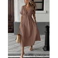 thumbnail image 2 of sicmoss Women's Brown Cotton Boho V-Neck Tunic Dress Short Sleeve Long Loose with Pockets Summer, 2 of 3