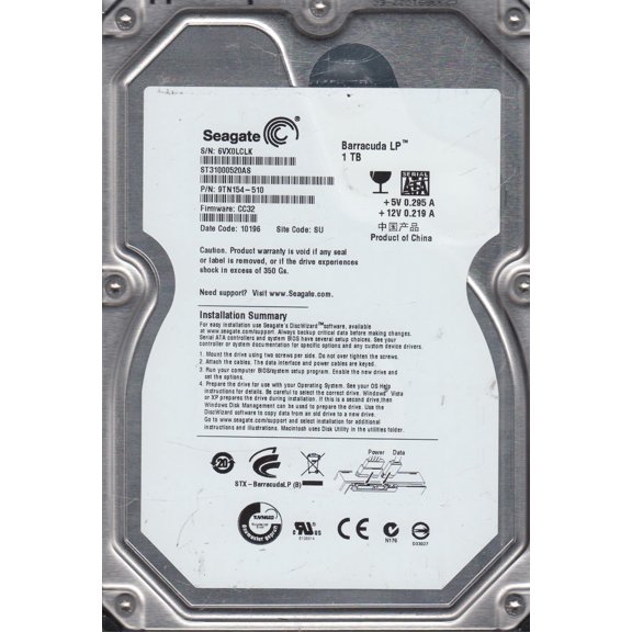 ST31000520AS, 6VX, SU, PN 9TN154-510, FW CC32, Seagate 1TB SATA 3.5 Hard Drive