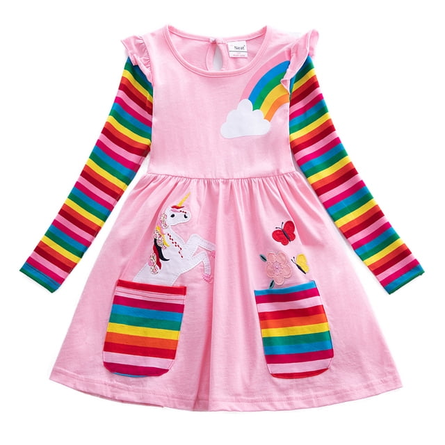 AAMILIFE Unicorn Robe d'Automne à Manches Longues pour Filles Nouvelle Robe pour Enfants en Coton Brodé Robe à Fleurs à Col Rond