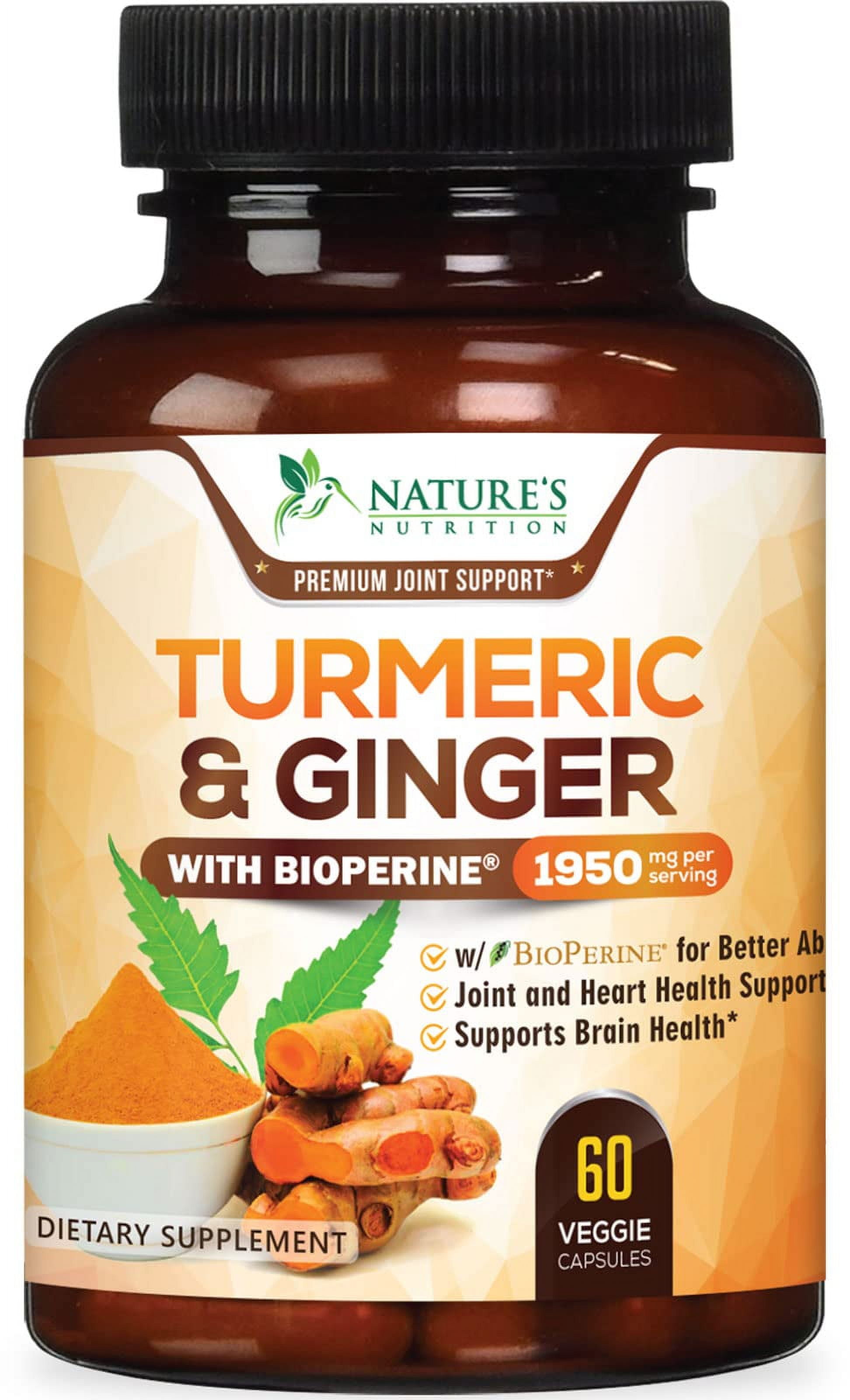 Turmeric Curcumin Supplement 1950mg - 95% Curcuminoids with Organic Turmeric & Ginger, BioPerine Black Pepper for Best Absorption, Nature's Vegan Joint Support, Non-GMO, Bottled in USA - 60 Capsules