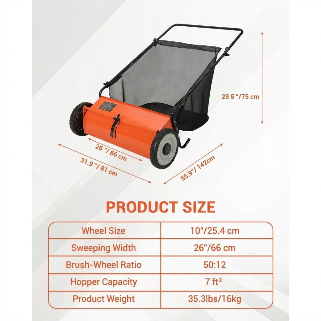 26-Inch Push Leaf Collector, 7 Cubic Feet Hopper Lawn Sweeper with 4 Rotating Brushes, Heavy-Duty Steel Frame for Yard/Driveway/Patio Cleaning, Orange