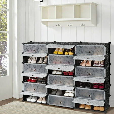 Modular Drawer Organizers (LANGRIA 18-Cube DIY Shoe Rack, Storage Drawer Unit Multi Use Modular Organizer Plastic Cabinet with Doors, Black and White Curly)