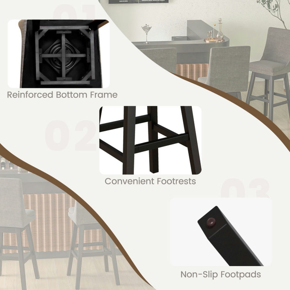 Demi Bonn Set of 2 360° Swivel Bar Stool with Rubber Wood Legs Footrest, Modern Dining Chair with Backrests, Gray