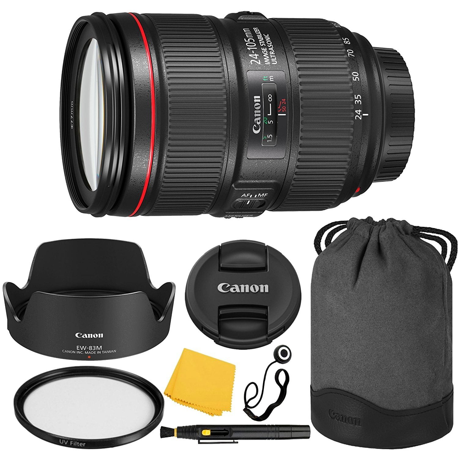 Canon EF 24–105mm f/4L IS II USM Lens + UV Filter + Collapsible Rubber Lens  Hood + Lens Cleaning Pen + Lens Cap Keeper + Cleaning Cloth - 24-105mm II 