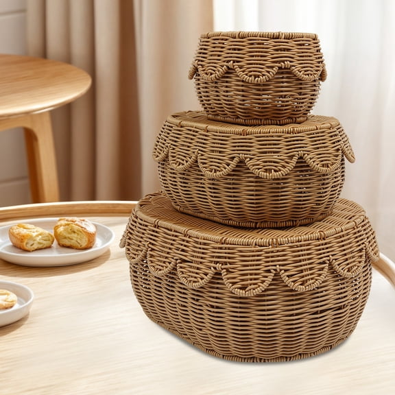 ToppiJoy Wicker Storage Baskets With Lids, Set Of 3 Storage Baskets with Lids Decorative Oval Storage Baskets for Living Rooms, Kitchens, Dining Rooms
