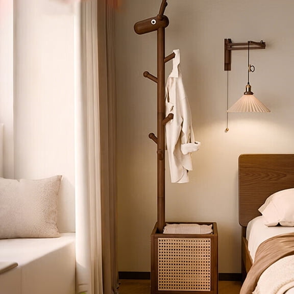 Coat Rack with 6 Hooks, Wooden Coat Rack Freestanding Portable With Wheels and Storage Basket - Movable Coat Hanger Stand for Bags, Clothes, Umbrellas, Hats, in Home